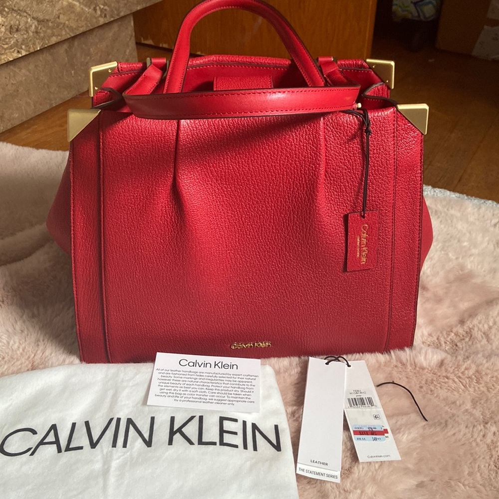 Calvin Klein Fern leather shoulder bag work tote in pop red